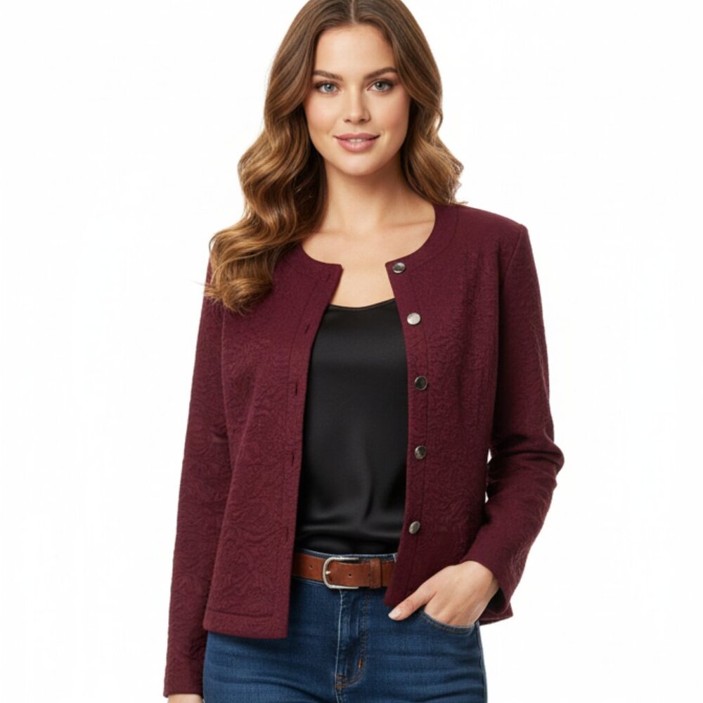 Classic Anne Klein Quilted Floral Embroidered Jacket Burgundy Long Sleeve Sz PL